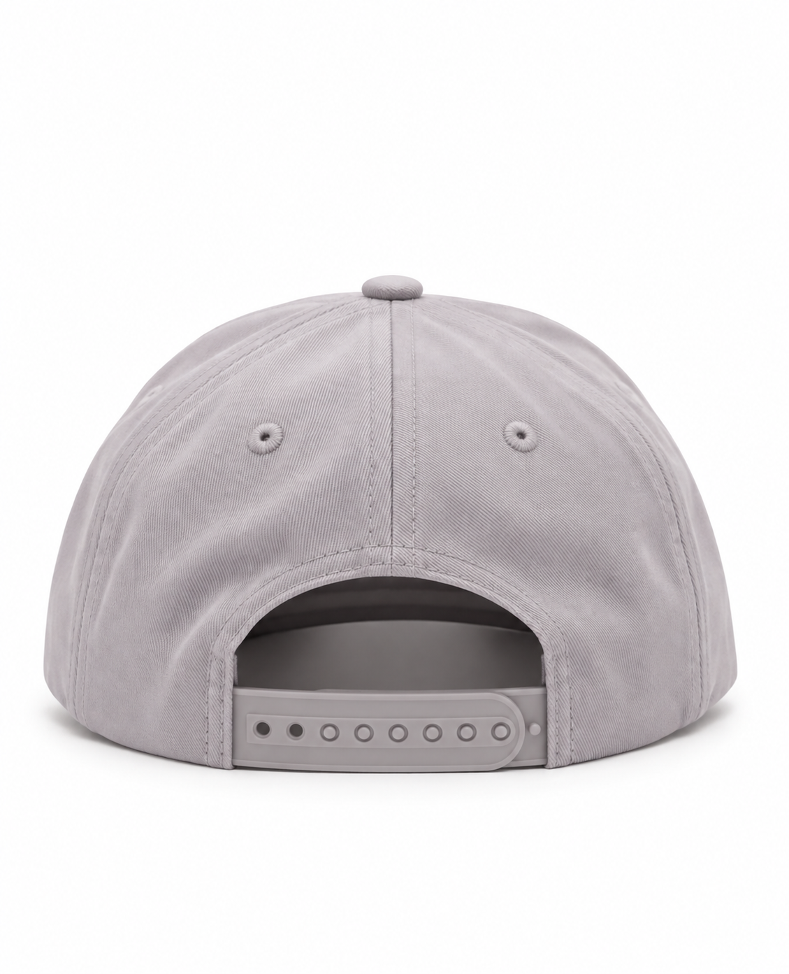 The back view of a light gray snapback cap on a solid white background.