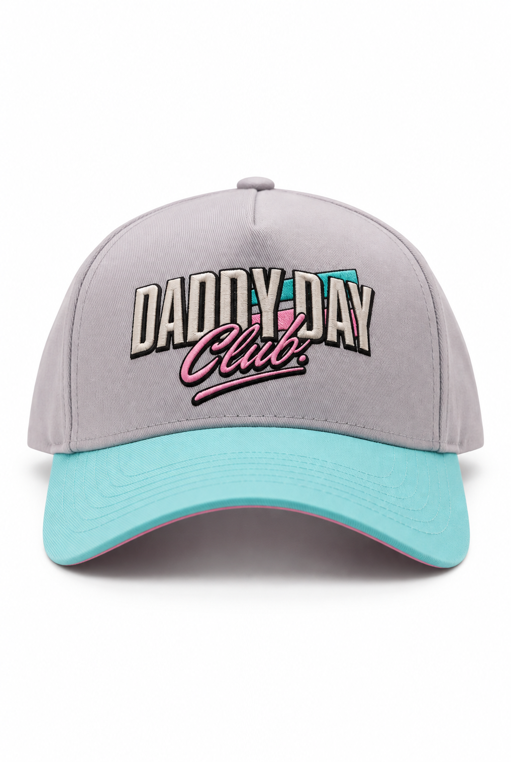 A structured baseball cap with a light gray crown and a turquoise brim. The front features an embroidered graphic reading 'DADDY DAY Club' in white, black, and pink script.
