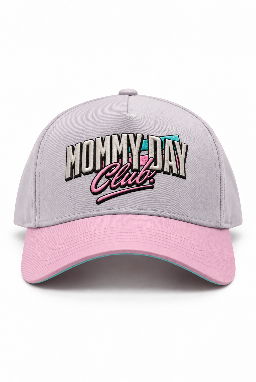 A structured baseball cap with a light gray crown and a light pink brim. The front features an embroidered graphic reading 'MOMMY DAY Club' in white, black, and pink lettering with a small teal accent.